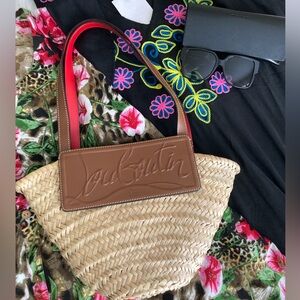 Christian Louboutin Brown Leather-Trim Straw Tote with Red-Edged Straps